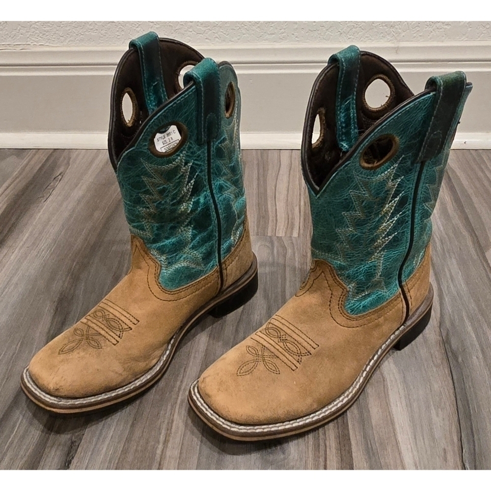Smoky Children’s Jesse Brown Distress and Turquoise Leather Western Cowboy Boots